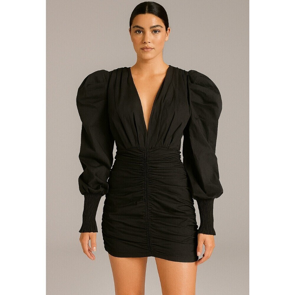 Privy Surplice & Wrap, - Plunging & V-neck, - Ruched & Bodycon puff sleeve SZ S